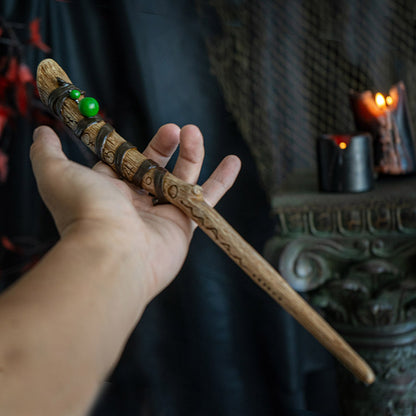 Magic Rune Wand - Handcrafted Resin with Ancient Rune Symbols, Green Gemstone Beads, and Leather Accents, Perfect for Halloween Wizards, Witches and Collectors - 14 Inches