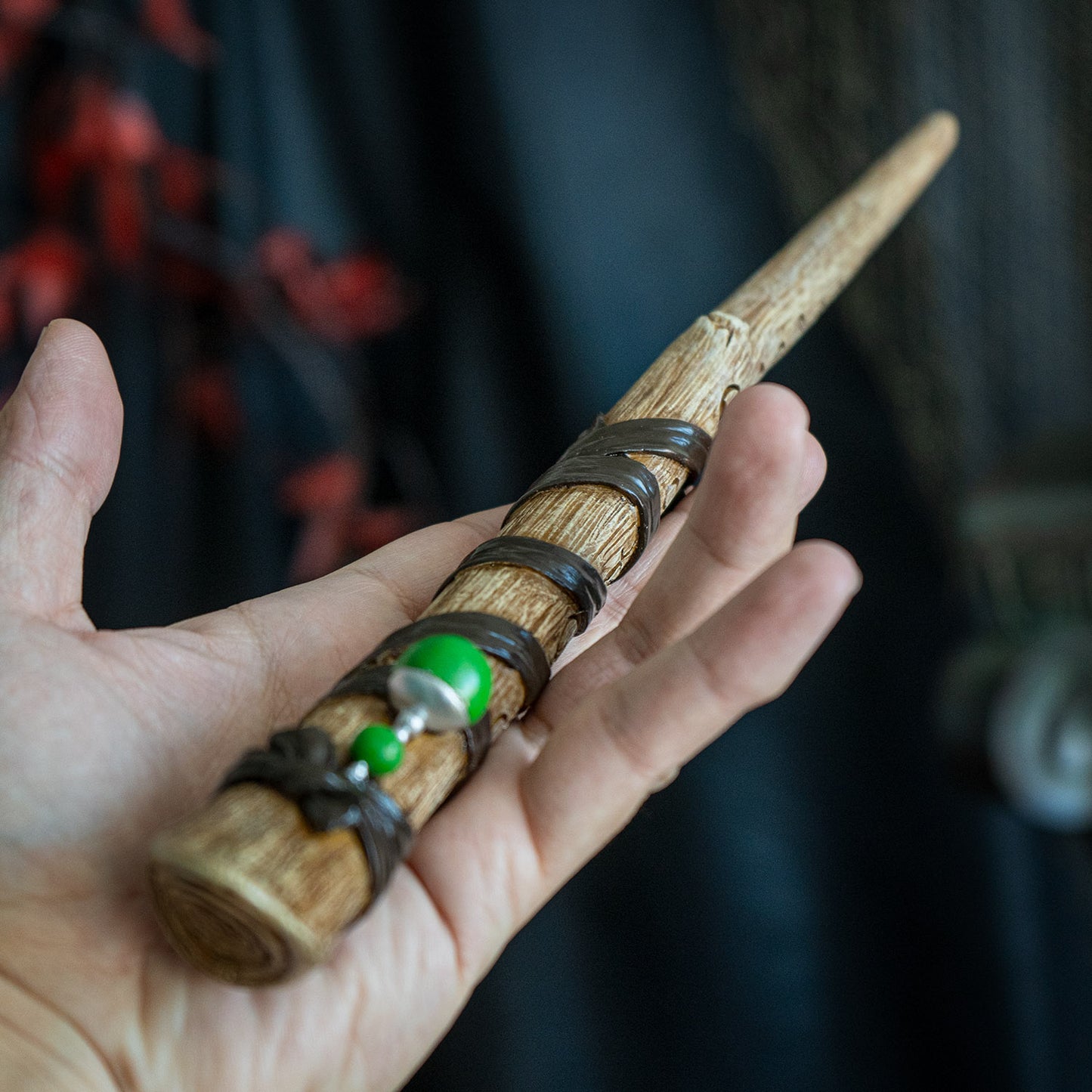 Magic Rune Wand - Handcrafted Resin with Ancient Rune Symbols, Green Gemstone Beads, and Leather Accents, Perfect for Halloween Wizards, Witches and Collectors - 14 Inches