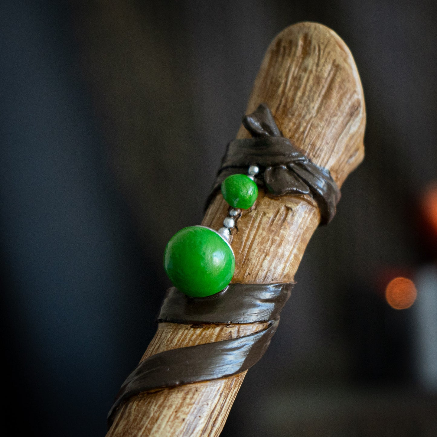 Magic Rune Wand - Handcrafted Resin with Ancient Rune Symbols, Green Gemstone Beads, and Leather Accents, Perfect for Halloween Wizards, Witches and Collectors - 14 Inches