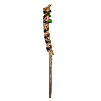 Magic Rune Wand - Handcrafted Resin with Ancient Rune Symbols, Green Gemstone Beads, and Leather Accents, Perfect for Halloween Wizards, Witches and Collectors - 14 Inches