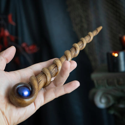 Willow Scepter Magic Wand - Handcrafted with Realistic Wood Finish, Spiraled Willow Design, and Midnight Blue Gemstone, Ideal for Halloween Cosplay, Wizards, and Witches - 13.7 Inches