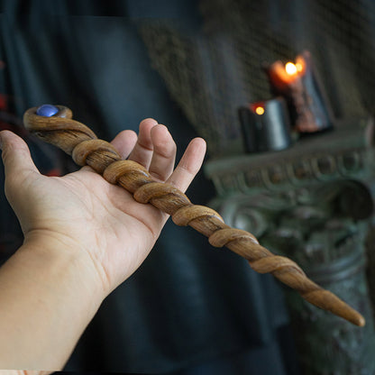 Willow Scepter Magic Wand - Handcrafted with Realistic Wood Finish, Spiraled Willow Design, and Midnight Blue Gemstone, Ideal for Halloween Cosplay, Wizards, and Witches - 13.7 Inches