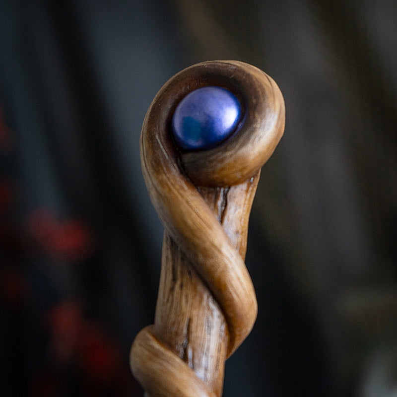 Willow Scepter Magic Wand - Handcrafted with Realistic Wood Finish, Spiraled Willow Design, and Midnight Blue Gemstone, Ideal for Halloween Cosplay, Wizards, and Witches - 13.7 Inches