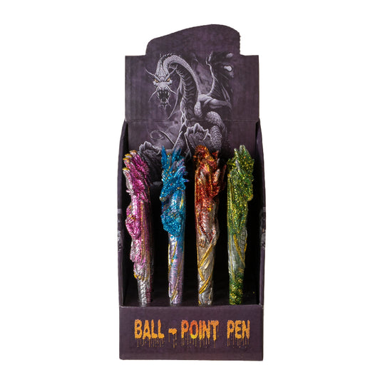 16 Piece Dragon Pen Set with Display Stand Featuring 4 Unique Glittering Dragon Designs