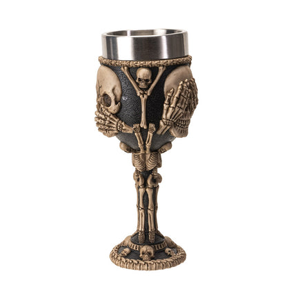 Hear See Speak No Evil Skeleton Wine Goblet 7oz Stainless Steel Skull Chalice for Halloween Decor Gothic Party Cup for Halloween Lovers