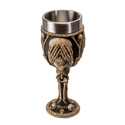 Hear See Speak No Evil Skeleton Wine Goblet 7oz Stainless Steel Skull Chalice for Halloween Decor Gothic Party Cup for Halloween Lovers