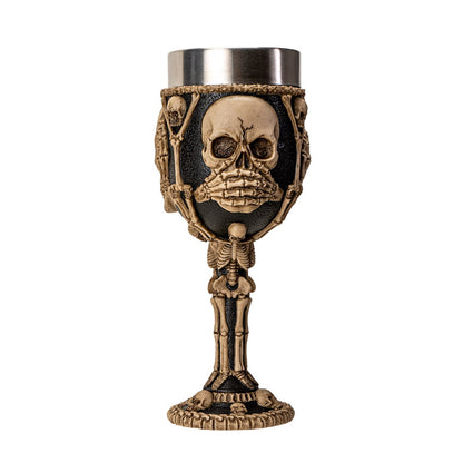 Hear See Speak No Evil Skeleton Wine Goblet 7oz Stainless Steel Skull Chalice for Halloween Decor Gothic Party Cup for Halloween Lovers