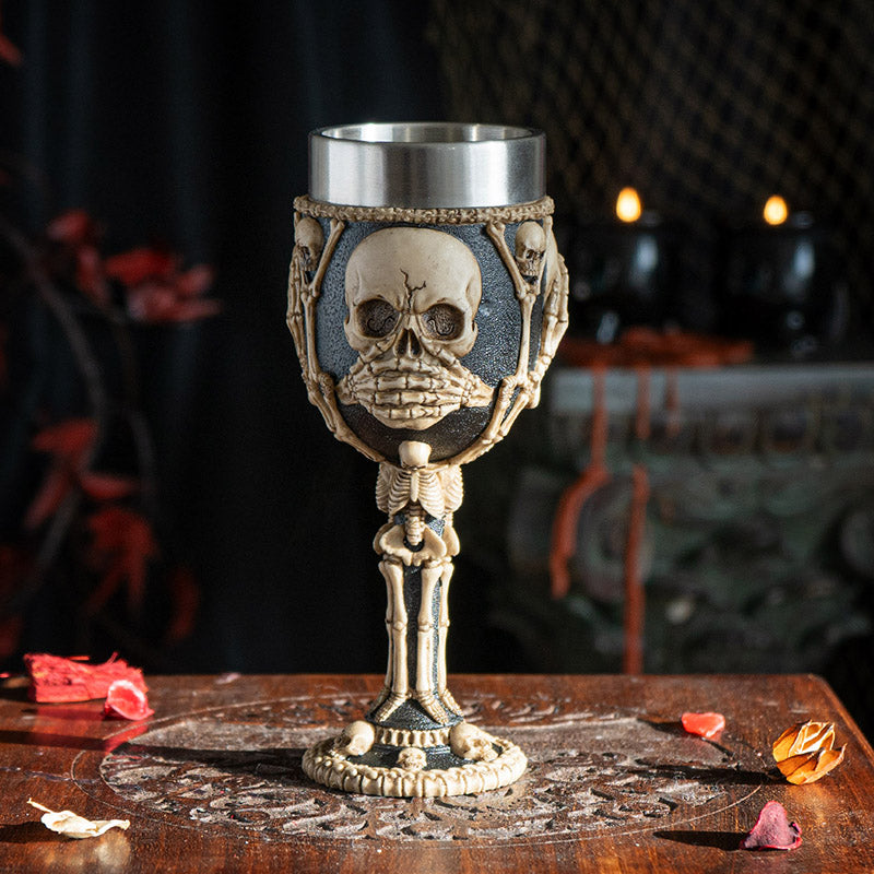 Hear See Speak No Evil Skeleton Wine Goblet 7oz Stainless Steel Skull Chalice for Halloween Decor Gothic Party Cup for Halloween Lovers