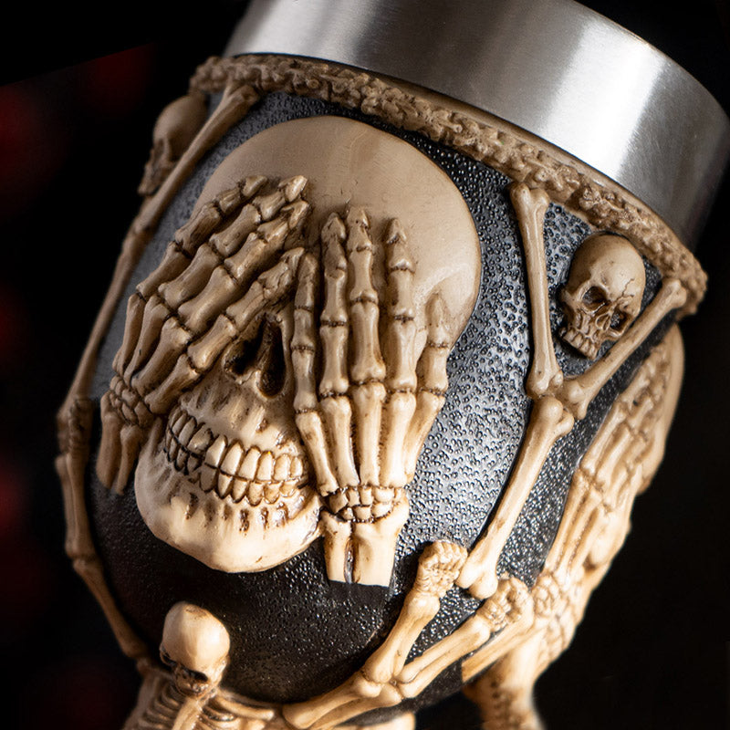 Hear See Speak No Evil Skeleton Wine Goblet 7oz Stainless Steel Skull Chalice for Halloween Decor Gothic Party Cup for Halloween Lovers