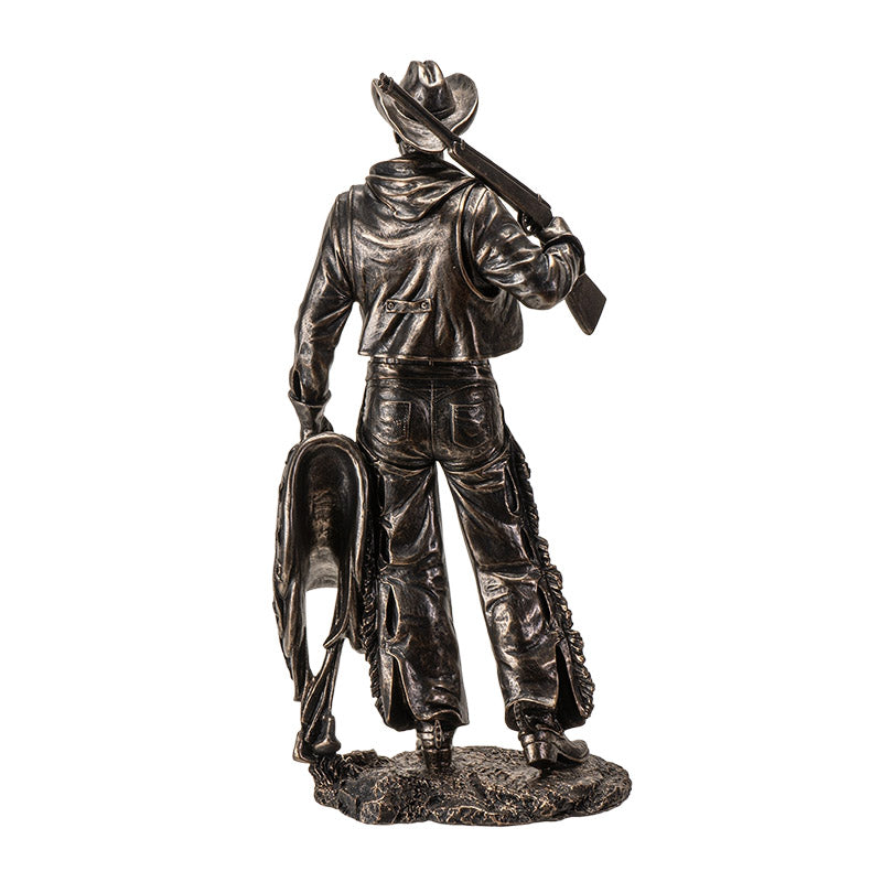 Bronze Accent Cowboy Figurine with Rifle Gun and Saddle Western Decor Statue for Home or Office, Detailed Western Statue Decor Piece 17 Inches