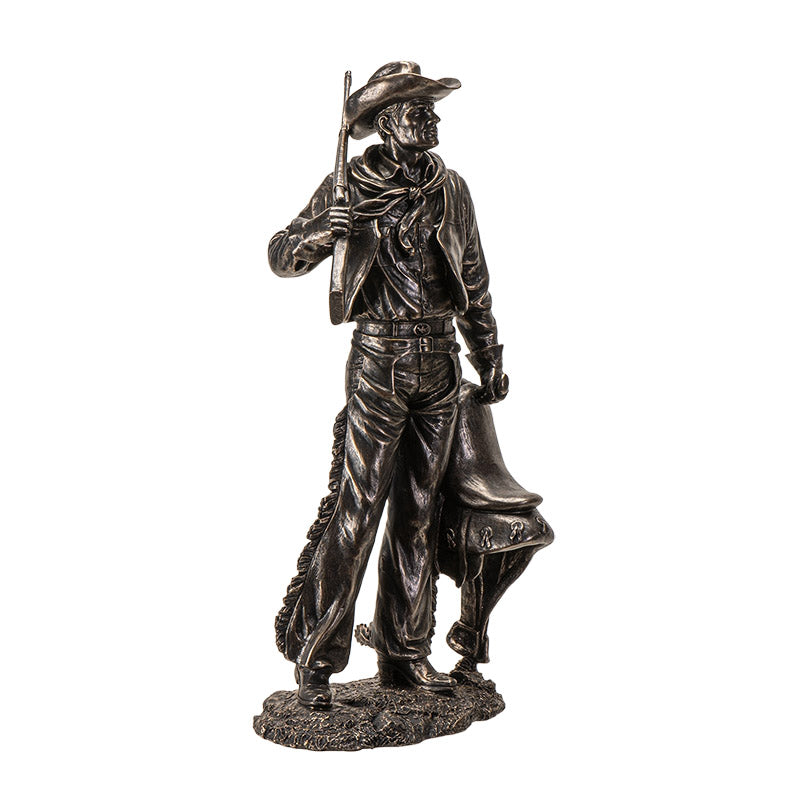 Bronze Accent Cowboy Figurine with Rifle Gun and Saddle Western Decor Statue for Home or Office, Detailed Western Statue Decor Piece 17 Inches