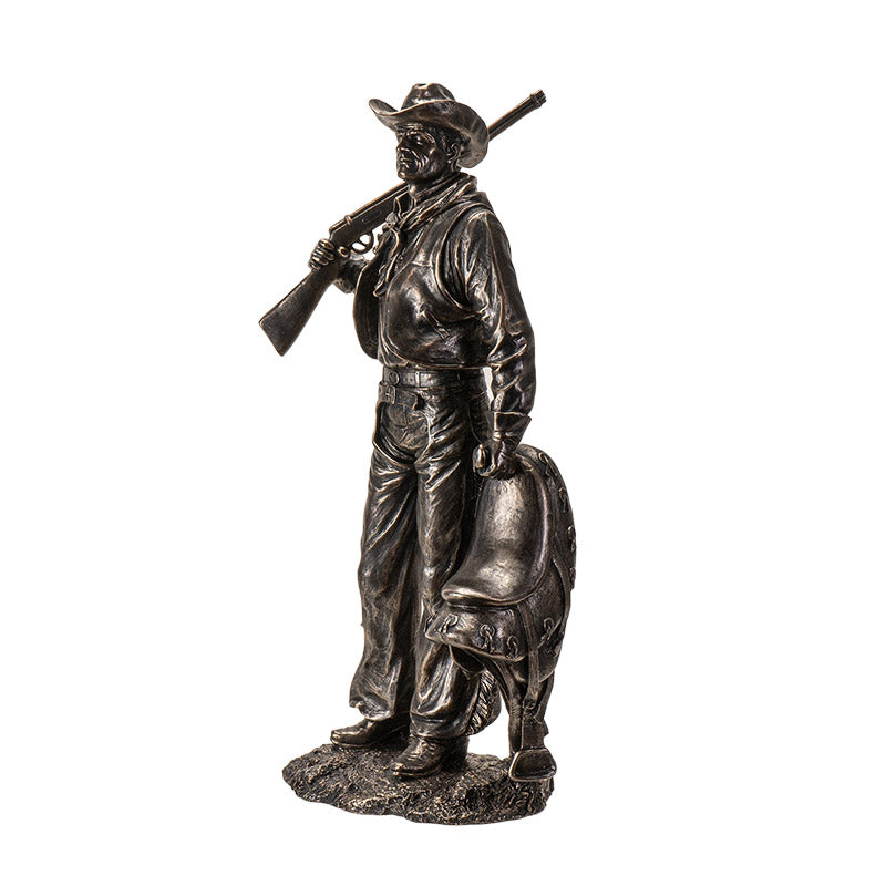 Bronze Accent Cowboy Figurine with Rifle Gun and Saddle Western Decor Statue for Home or Office, Detailed Western Statue Decor Piece 17 Inches