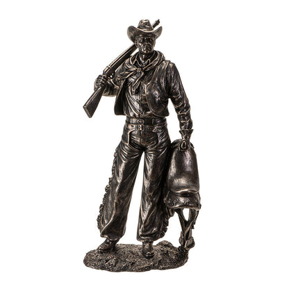 Bronze Accent Cowboy Figurine with Rifle Gun and Saddle Western Decor Statue for Home or Office, Detailed Western Statue Decor Piece 17 Inches