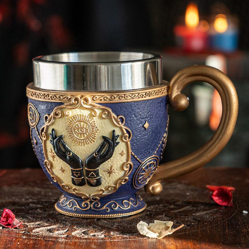 Tarot Tea Cup 8 floz Resin And Stainless Steel Mug with Mystical Symbols Ideal for Coffee Tea Drinks Gift for Tarot Spiritual And Halloween Decor