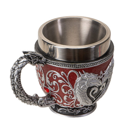 Heart-shaped Dragon Tea Cup 8 Floz Resin and Stainless Steel Mug with Silver Dragon Handle Red Accents Ideal for Coffee Tea And Unique Fantasy Themed Decor