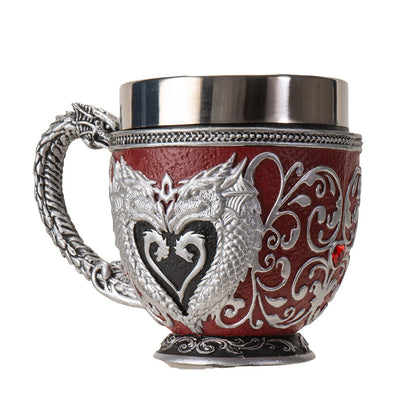 Heart-shaped Dragon Tea Cup 8 Floz Resin and Stainless Steel Mug with Silver Dragon Handle Red Accents Ideal for Coffee Tea And Unique Fantasy Themed Decor