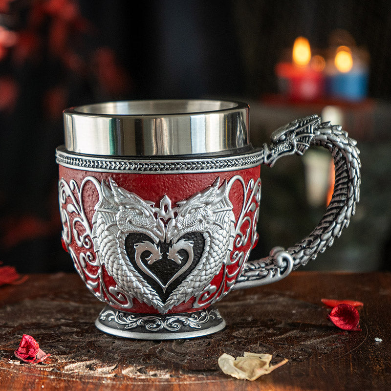 Heart-shaped Dragon Tea Cup 8 Floz Resin and Stainless Steel Mug with Silver Dragon Handle Red Accents Ideal for Coffee Tea And Unique Fantasy Themed Decor