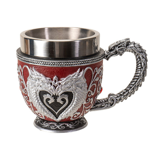 Heart-shaped Dragon Tea Cup 8 Floz Resin and Stainless Steel Mug with Silver Dragon Handle Red Accents Ideal for Coffee Tea And Unique Fantasy Themed Decor