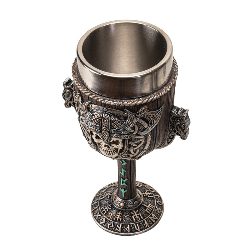 Viking Warrior Skull Goblet 8 Floz Resin and Stainless Steel Chalice with Nordic Symbols and Viking Shield Design Perfect for Wine and Unique Home Decor