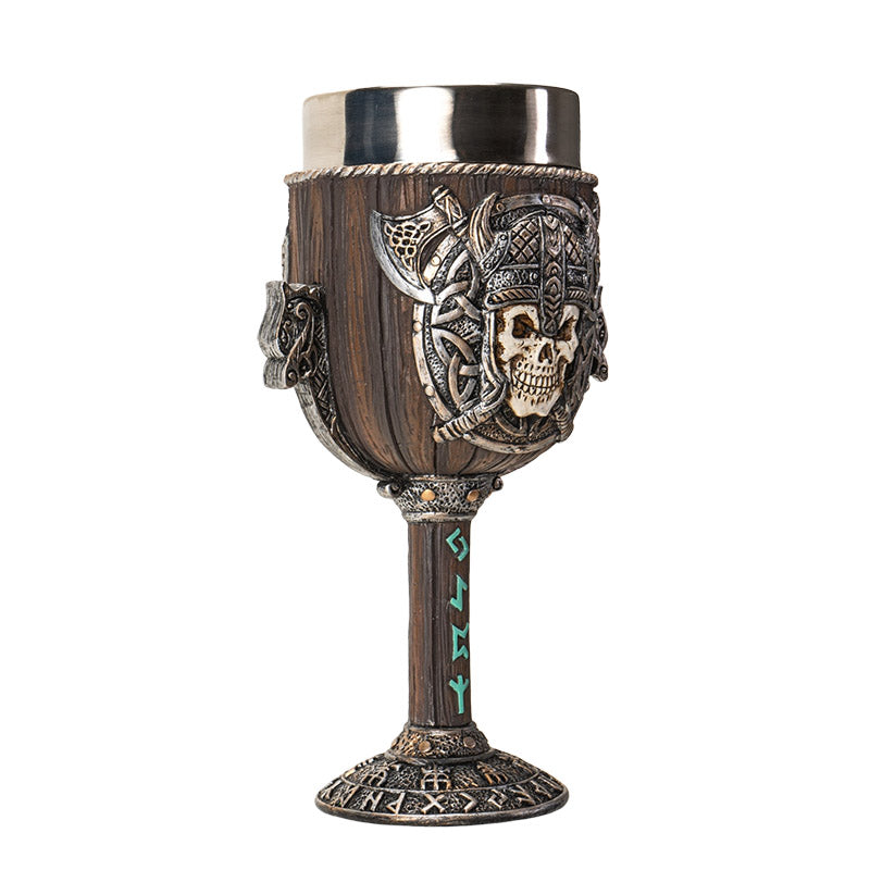 Viking Warrior Skull Goblet 8 Floz Resin and Stainless Steel Chalice with Nordic Symbols and Viking Shield Design Perfect for Wine and Unique Home Decor