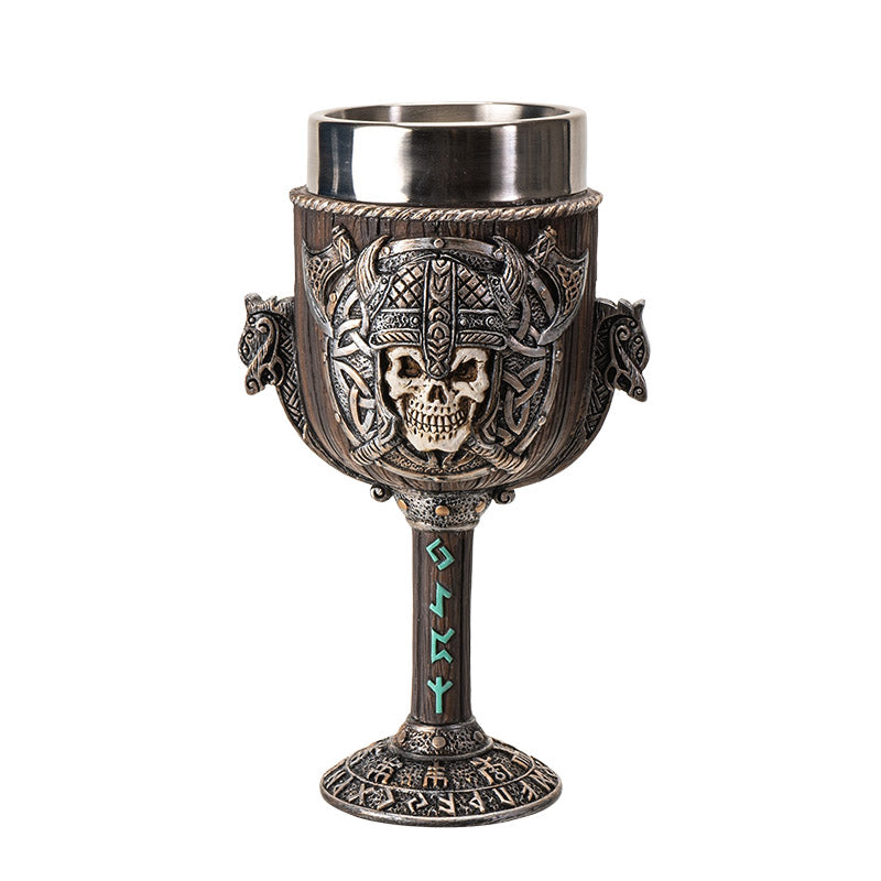 Viking Warrior Skull Goblet 8 Floz Resin and Stainless Steel Chalice with Nordic Symbols and Viking Shield Design Perfect for Wine and Unique Home Decor