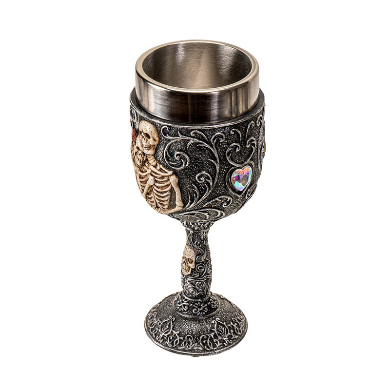 Skeleton Couple Wine Goblet Gothic 8 Floz Chalice Cup with Romantic Skeletal Embrace Design Resin and Stainless Steel Wine Glass for Halloween Decor and Bar Display