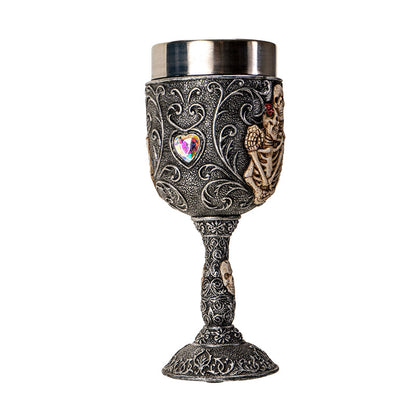 Skeleton Couple Wine Goblet Gothic 8 Floz Chalice Cup with Romantic Skeletal Embrace Design Resin and Stainless Steel Wine Glass for Halloween Decor and Bar Display