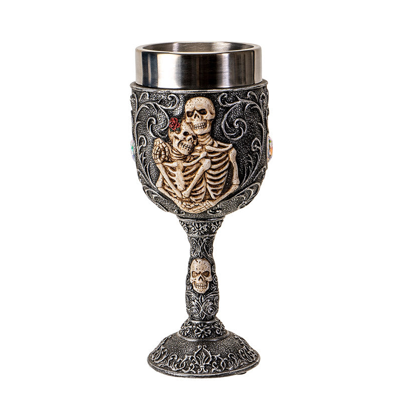 Skeleton Couple Wine Goblet Gothic 8 Floz Chalice Cup with Romantic Skeletal Embrace Design Resin and Stainless Steel Wine Glass for Halloween Decor and Bar Display