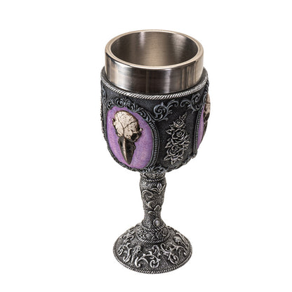 Raven Skull Goblet 8 Floz Resin Chalice with Stainless Steel Featuring Raven Skull and Floral Design Perfect for Wine and Gothic Home Decor Display