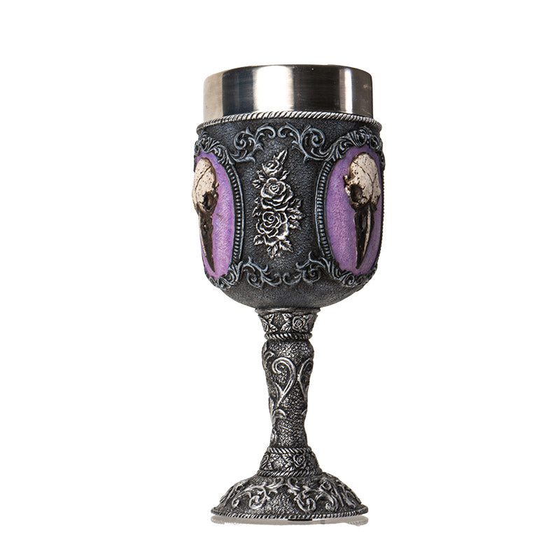 Raven Skull Goblet 8 Floz Resin Chalice with Stainless Steel Featuring Raven Skull and Floral Design Perfect for Wine and Gothic Home Decor Display