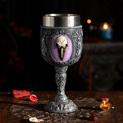 Raven Skull Goblet 8 Floz Resin Chalice with Stainless Steel Featuring Raven Skull and Floral Design Perfect for Wine and Gothic Home Decor Display