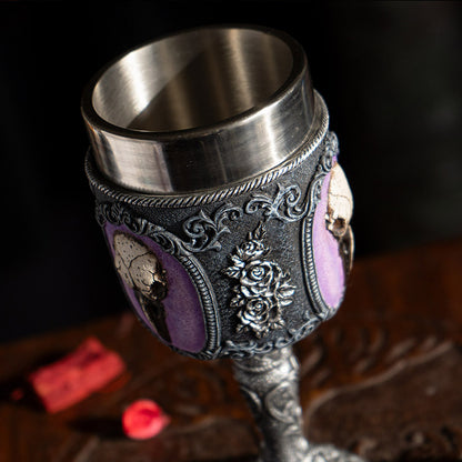 Raven Skull Goblet 8 Floz Resin Chalice with Stainless Steel Featuring Raven Skull and Floral Design Perfect for Wine and Gothic Home Decor Display