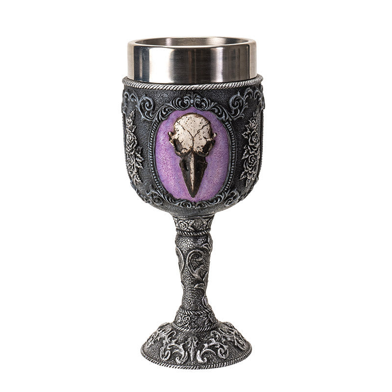 Raven Skull Goblet 8 Floz Resin Chalice with Stainless Steel Featuring Raven Skull and Floral Design Perfect for Wine and Gothic Home Decor Display