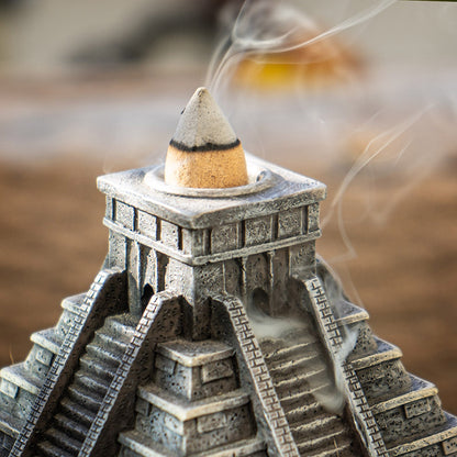 Aztec Temple Backflow Incense Burner with Intricate Stone Like Resin Design Decorative Pyramid Incense Holder for Aromatherapy and Home Decor