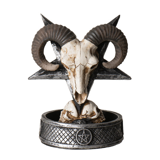 Ram Skull Backflow Incense Burner with Pentagram Base Unique Gothic Decor for Aromatherapy Meditation Home Decor 4.5" Inches Tall