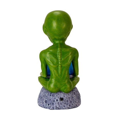 Green Alien with Orb Space-Themed Sculpture with Blue Crystal Ball