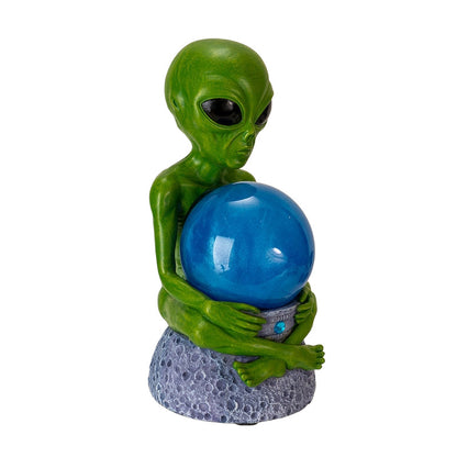 Green Alien with Orb Space-Themed Sculpture with Blue Crystal Ball