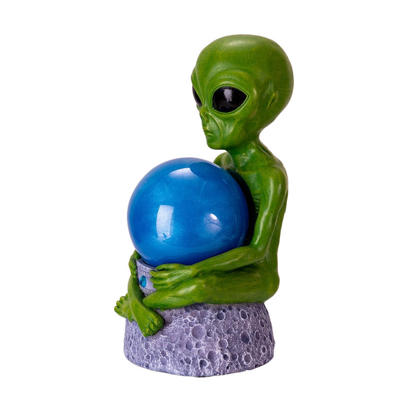 Green Alien with Orb Space-Themed Sculpture with Blue Crystal Ball