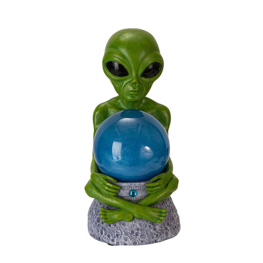 Green Alien with Orb Space-Themed Sculpture with Blue Crystal Ball