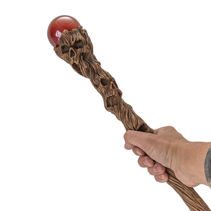 Skull Tree Trunk Sorcerer Staff with Red Crystal Orb 67 Inches Handcrafted Halloween Witch and Wizard Costume Prop Realistic Wood Grain and Skull Details