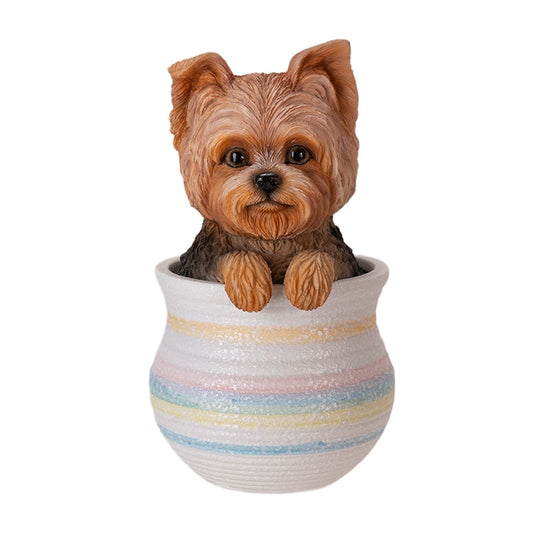 Yorkie Dog Figurine in Decorative Pot