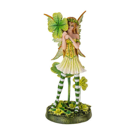 Lucky Clover Fairy Figurine with Striped Stockings and Emerald Wings