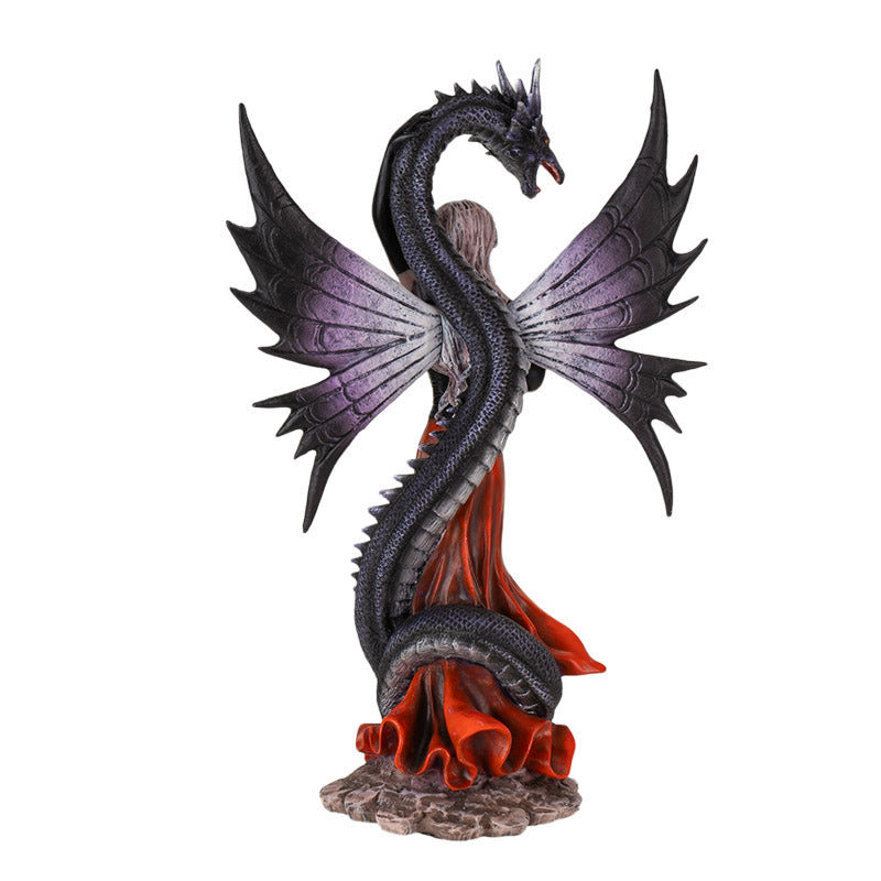 Shadow Dragon Fairy Fantasy Figurine with Red Gown and Dark Dragon Wings