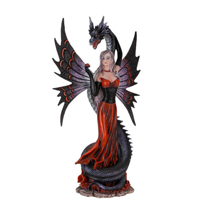 Shadow Dragon Fairy Fantasy Figurine with Red Gown and Dark Dragon Wings