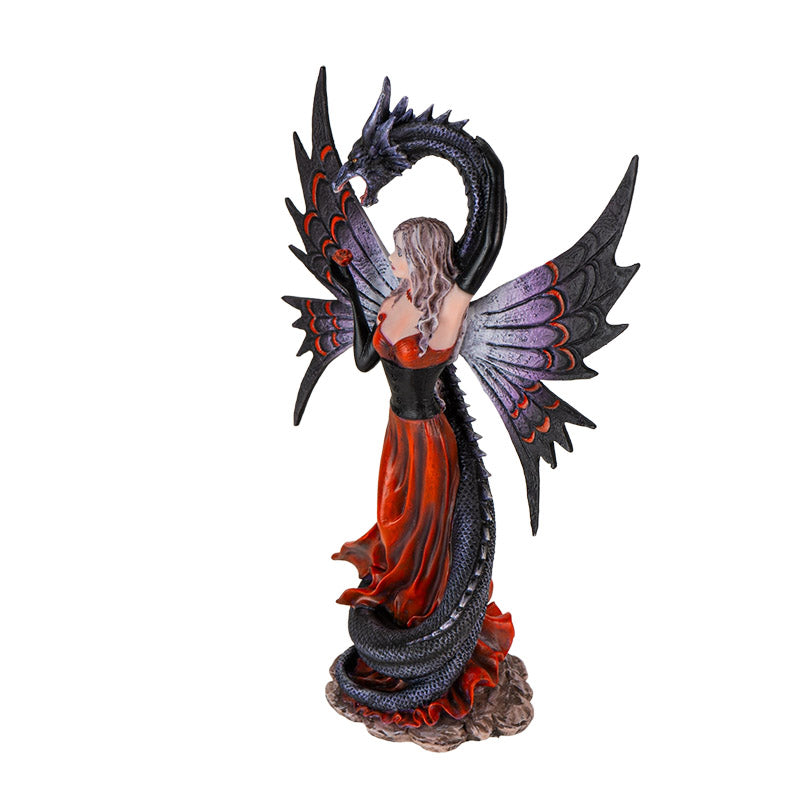 Shadow Dragon Fairy Fantasy Figurine with Red Gown and Dark Dragon Wings