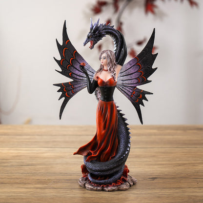 Shadow Dragon Fairy Fantasy Figurine with Red Gown and Dark Dragon Wings