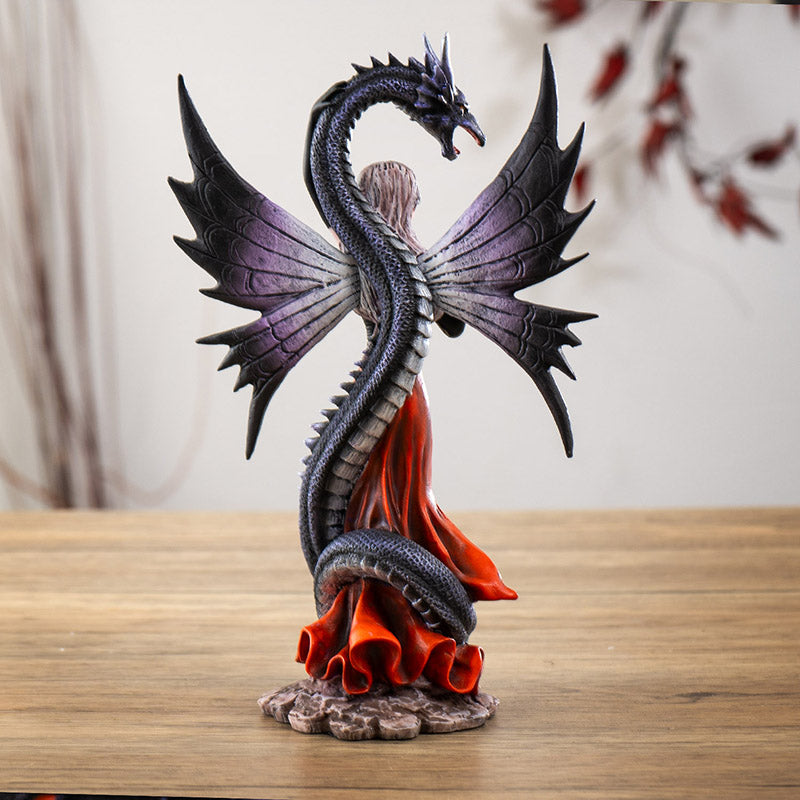 Shadow Dragon Fairy Fantasy Figurine with Red Gown and Dark Dragon Wings