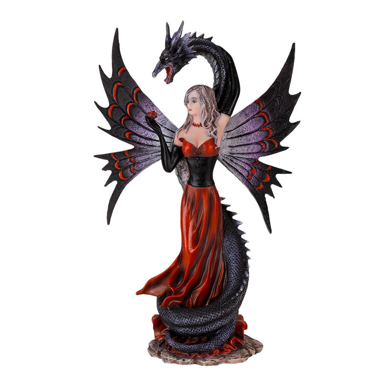 Shadow Dragon Fairy Fantasy Figurine with Red Gown and Dark Dragon Wings