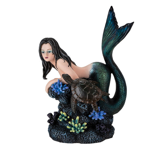 Gothic Mermaid Figurine with Sea Turtle and Coral