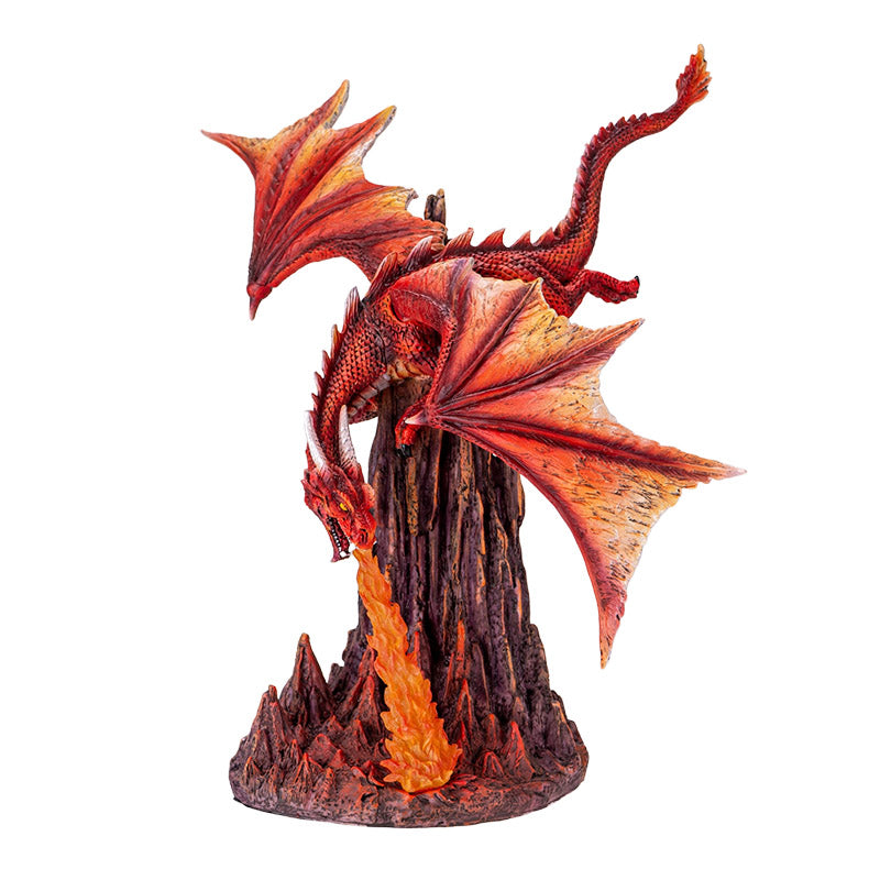 Fury Fire Dragon Sculpture Breathing Fire Over Volcanic Rock Base